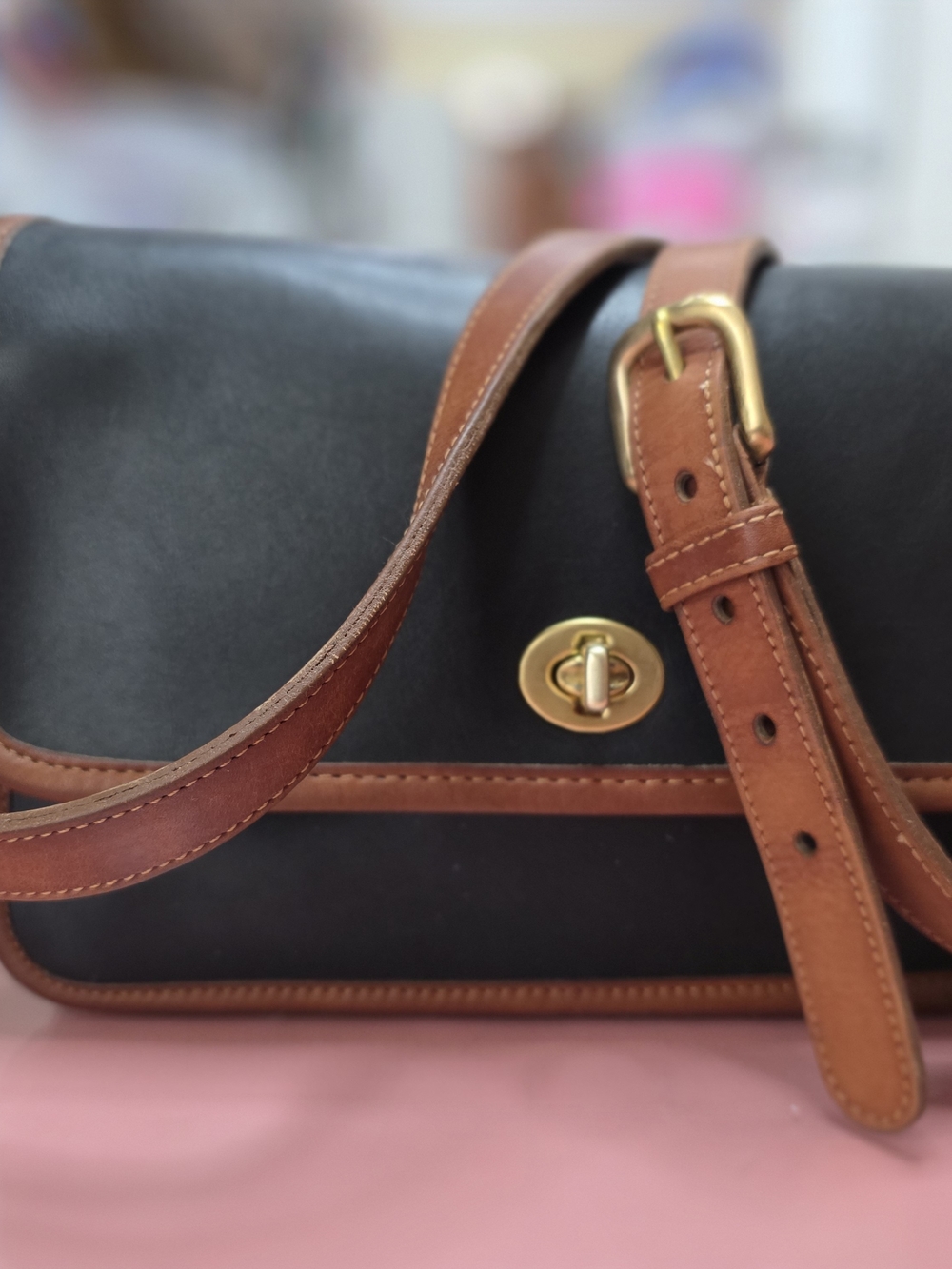 Coach Black Leather Crossbody with Brown Trim and Gold Turn-Lock
